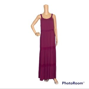 Knox Rose Merlot 3 Tier Crochet Full Cottagecore Spaghetti Strap Maxi Dress  M